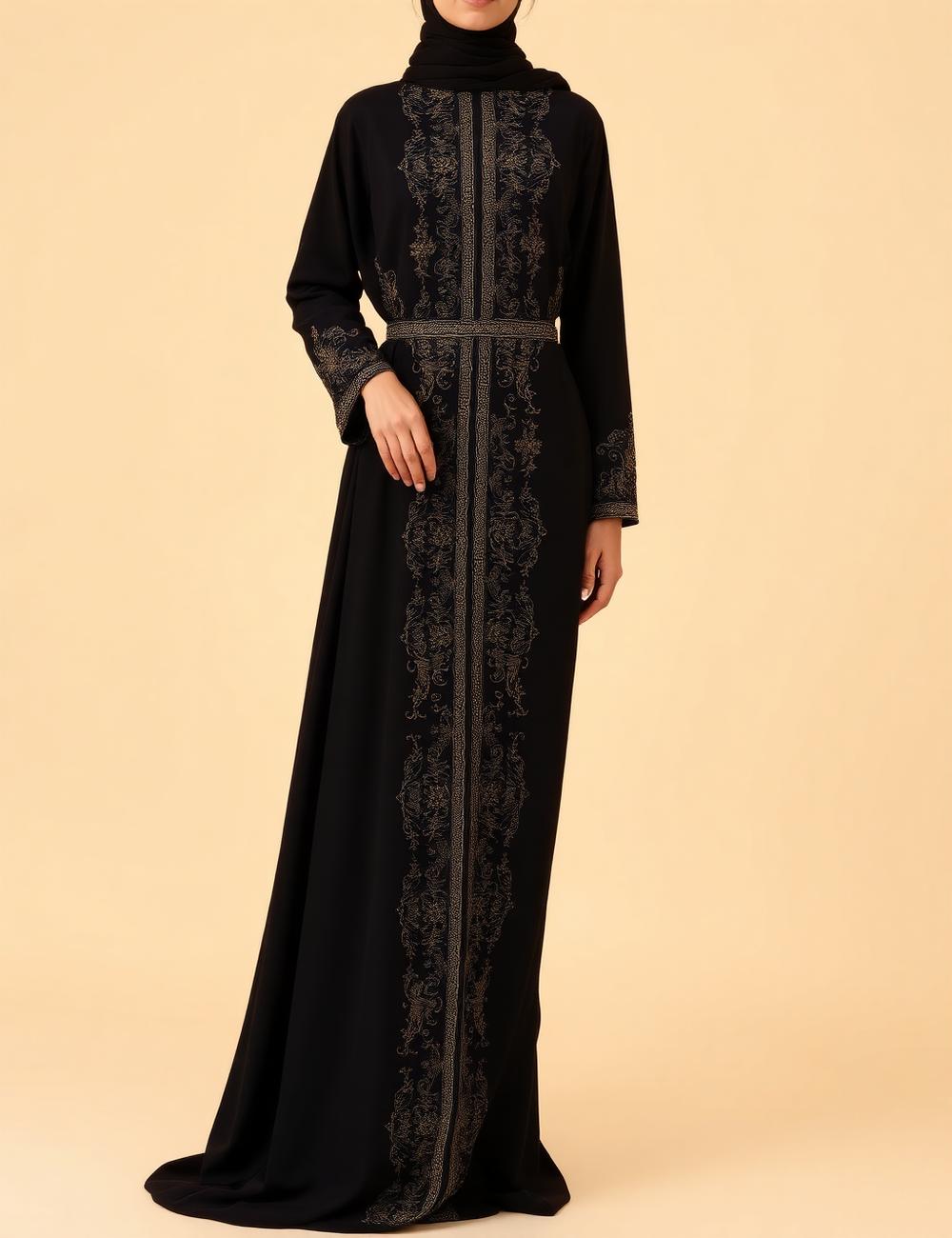 Noor — Black silk abaya with hand-worked gold floral embroidery.
