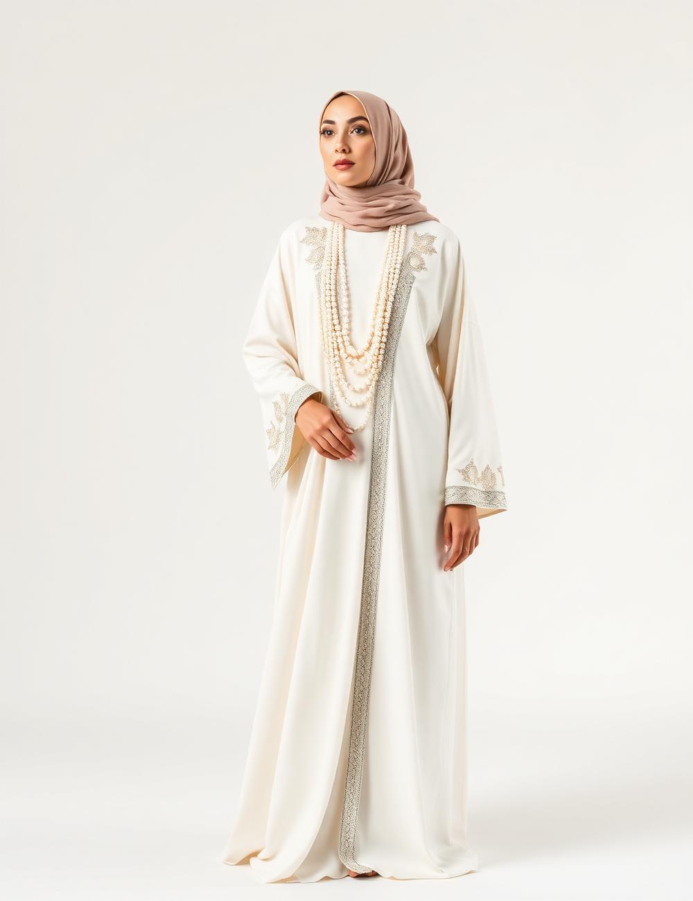 Lulu — Ivory abaya adorned with cascading pearl detailing.
