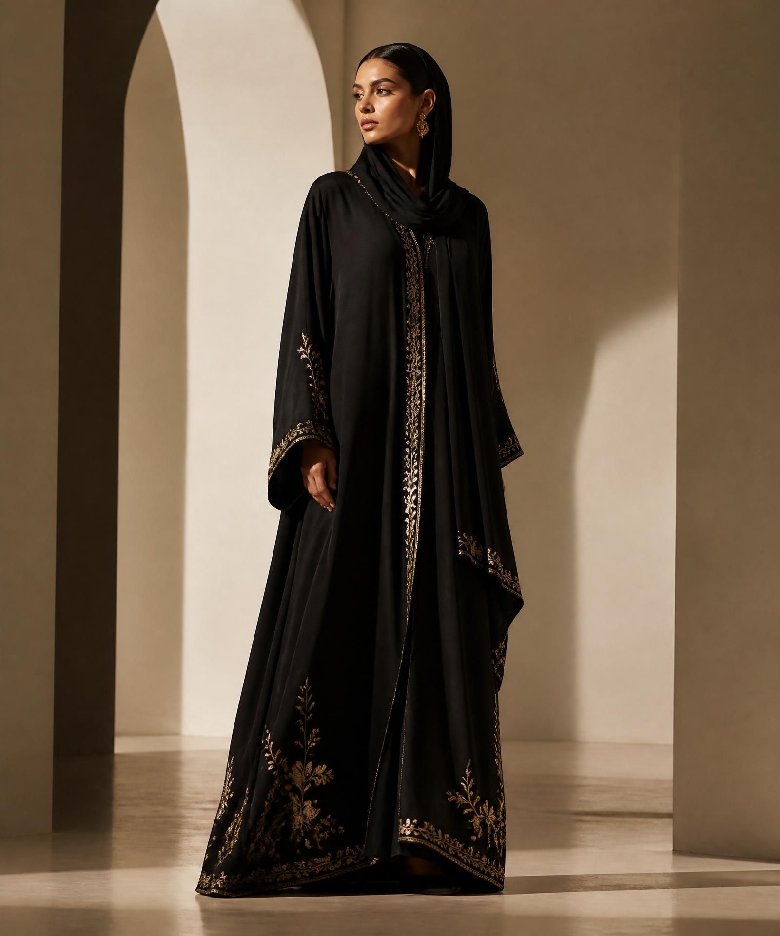Model wearing a black silk abaya with gold embroidery by Aishvogue